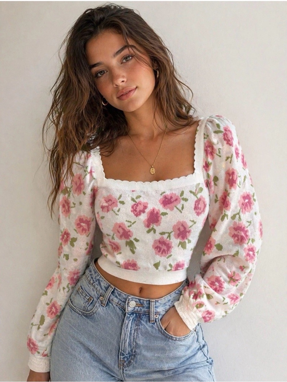 WILLOW & WIND
Floral Square-Neck Knit Sweater - Pink Roses on Cream